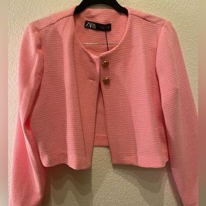 Zara cropped pink jacket with gold buttons